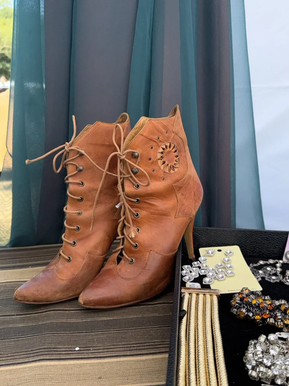 Vintage 80s The Wild Pair Brown Leather Lace Up Sun Cutout Stiletto Boots Size 7
